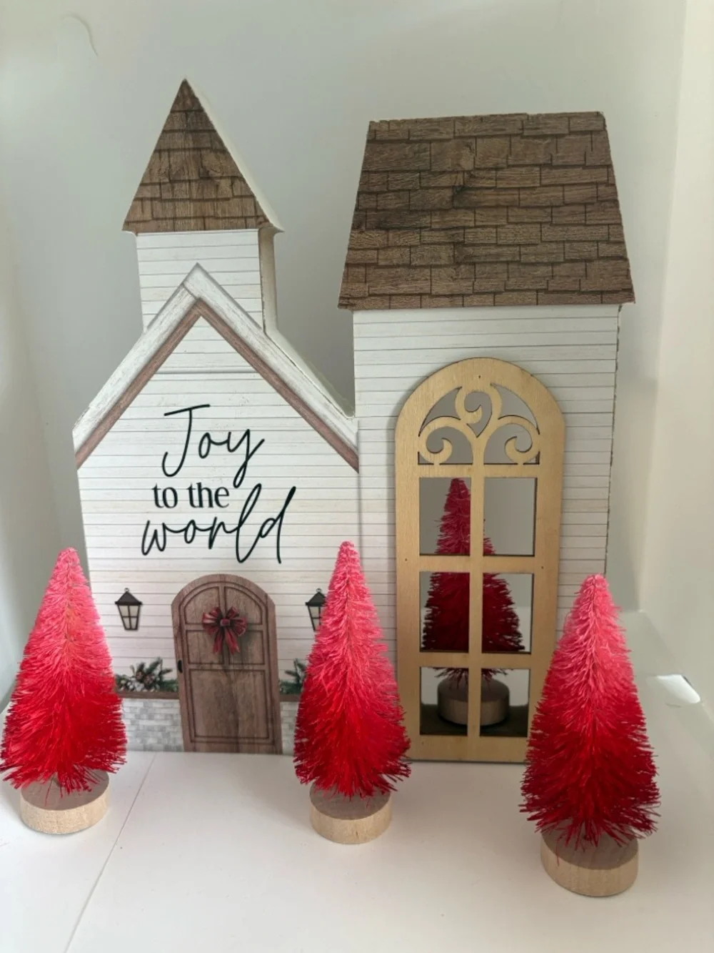 Wooden tabletop Christmas church “joy to the World” red bottle brush tree set